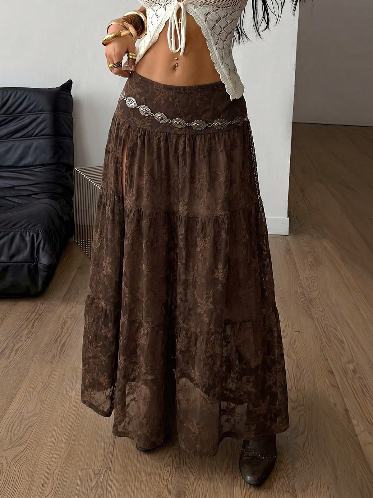 Coolane Women's Lace Side Slit Maxi Skirt,All Brown Renaissance Fair Western Vacation Summer Boho Beach Concert Rave Festival Y2K Texture Fabric
