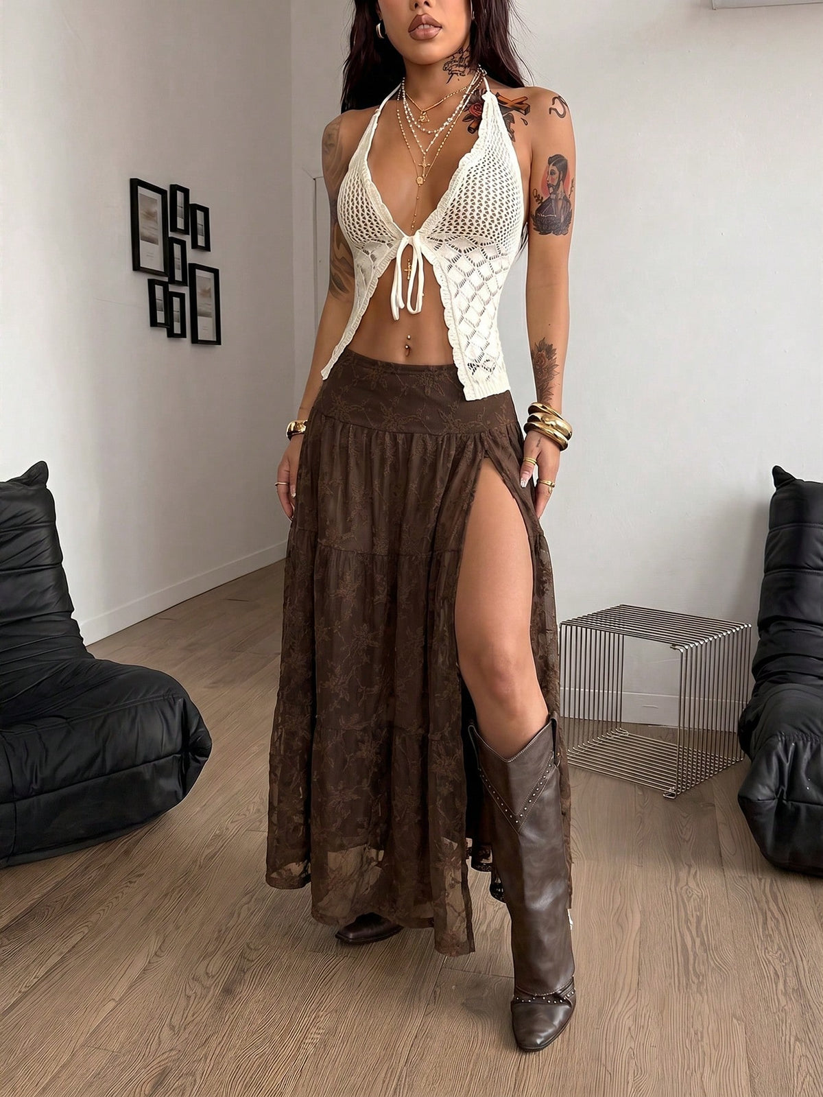 Coolane Women's Lace Side Slit Maxi Skirt,All Brown Renaissance Fair Western Vacation Summer Boho Beach Concert Rave Festival Y2K Texture Fabric
