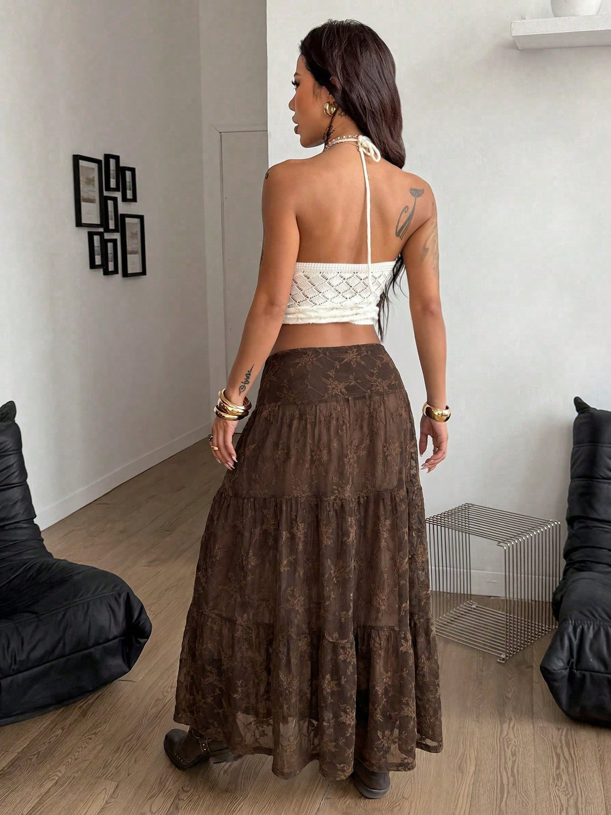 Coolane Women's Lace Side Slit Maxi Skirt,All Brown Renaissance Fair Western Vacation Summer Boho Beach Concert Rave Festival Y2K Texture Fabric