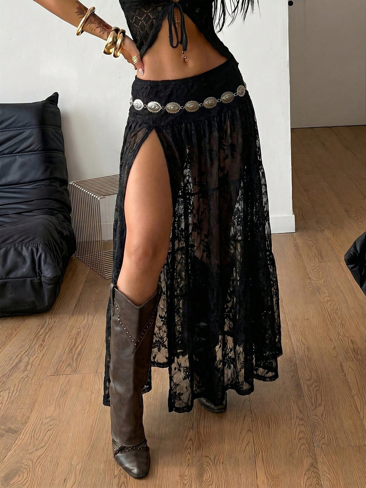 Coolane Women's Lace Side Slit Maxi Skirt,All Brown Renaissance Fair Western Vacation Summer Boho Beach Concert Rave Festival Y2K Texture Fabric