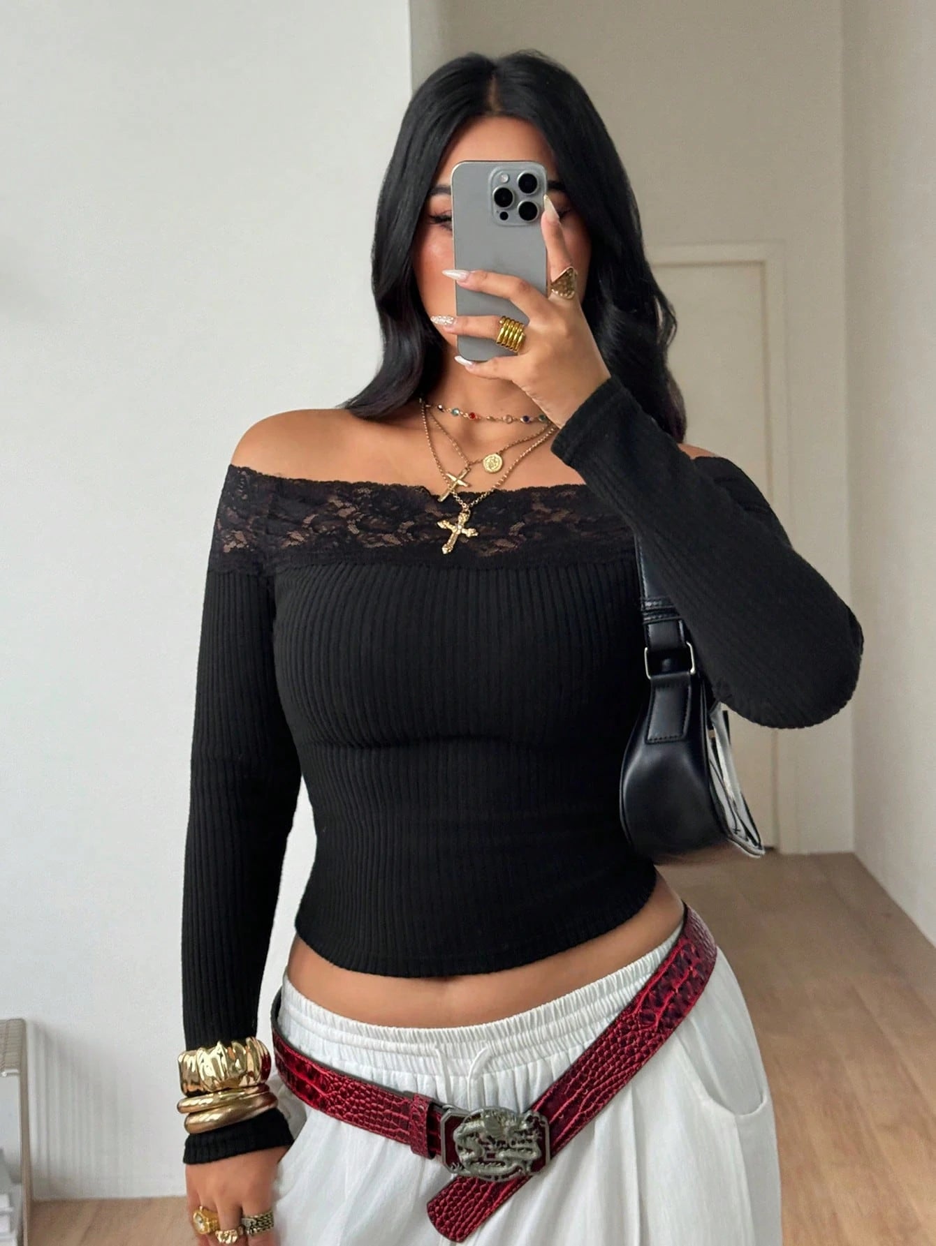 Coolane Women's Plus Size Fall Winter Elegant Basic Daily Wear Casual Black Stretchy Comfortable Lace Patchwork Open Shoulder Top Halloween