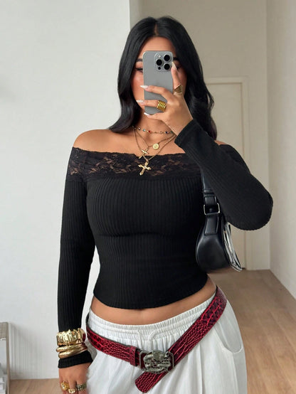 Coolane Women's Plus Size Fall Winter Elegant Basic Daily Wear Casual Black Stretchy Comfortable Lace Patchwork Open Shoulder Top Halloween