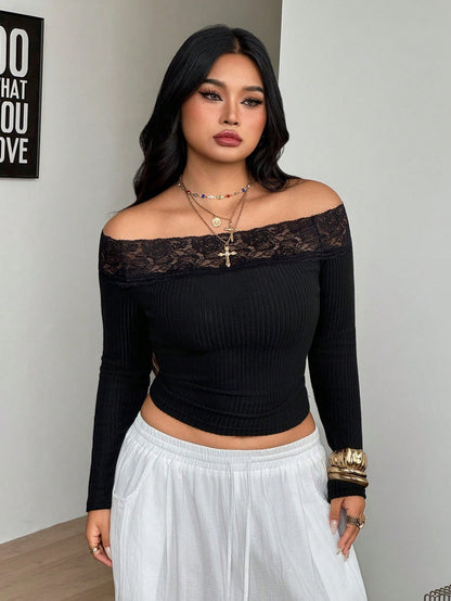 Coolane Women's Plus Size Fall Winter Elegant Basic Daily Wear Casual Black Stretchy Comfortable Lace Patchwork Open Shoulder Top Halloween