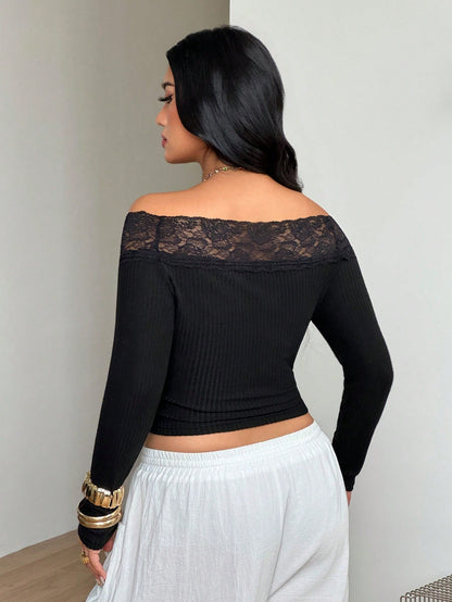 Coolane Women's Plus Size Fall Winter Elegant Basic Daily Wear Casual Black Stretchy Comfortable Lace Patchwork Open Shoulder Top Halloween