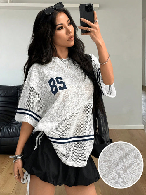 Coolane Women's Spring/Summer Festival Streetwear Athleisure Breathable Mesh Number Pattern Textured Patchwork Banded Texture Decoration T-Shirt