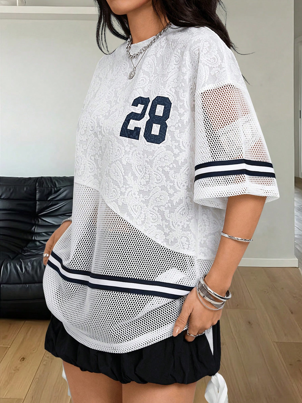 Coolane Women's Spring/Summer Festival Streetwear Athleisure Breathable Mesh Number Pattern Textured Patchwork Banded Texture Decoration T-Shirt