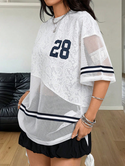 Coolane Women's Spring/Summer Festival Streetwear Athleisure Breathable Mesh Number Pattern Textured Patchwork Banded Texture Decoration T-Shirt