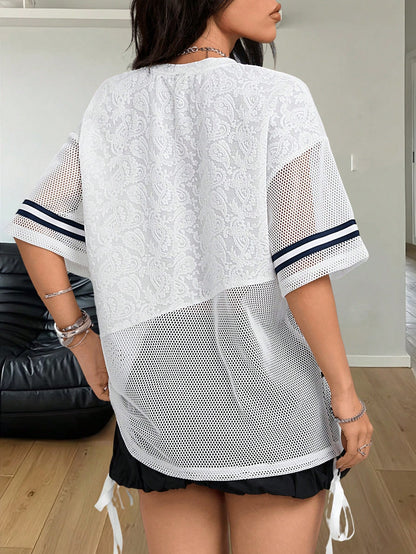 Coolane Women's Spring/Summer Festival Streetwear Athleisure Breathable Mesh Number Pattern Textured Patchwork Banded Texture Decoration T-Shirt