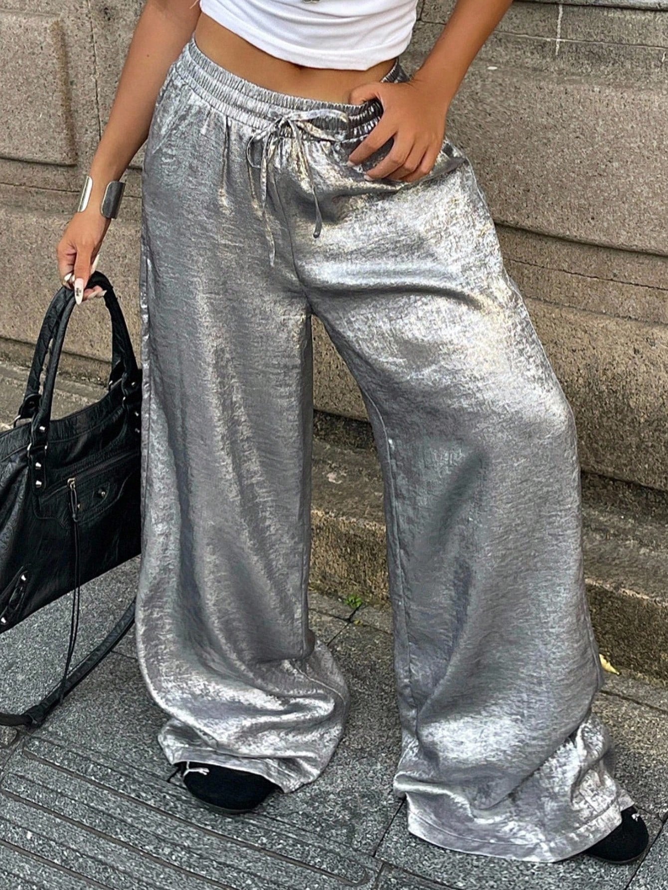 Coolane Women's Summer Rave Party Music Festival Vintage Chic Luxury Elastic Waistband Glossy Fabric Grey Baggy Curved Hem Pants
