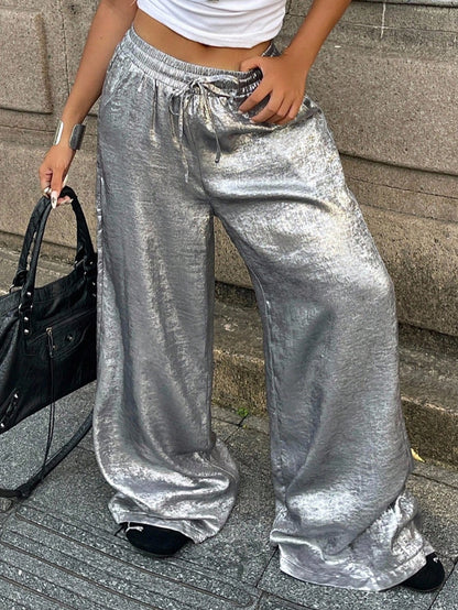 Coolane Women's Summer Rave Party Music Festival Vintage Chic Luxury Elastic Waistband Glossy Fabric Grey Baggy Curved Hem Pants