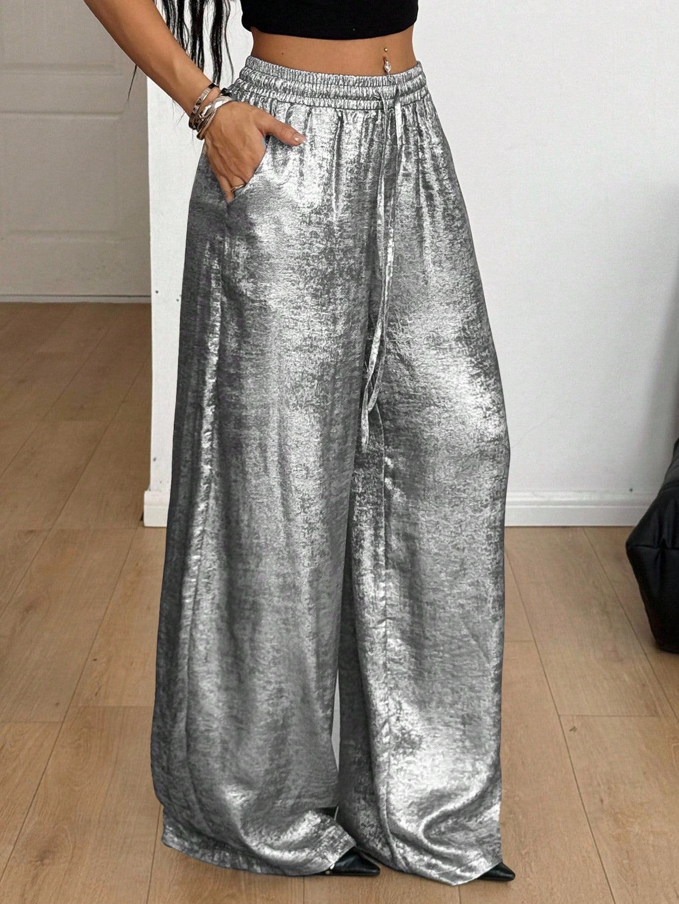 Coolane Women's Summer Rave Party Music Festival Vintage Chic Luxury Elastic Waistband Glossy Fabric Grey Baggy Curved Hem Pants