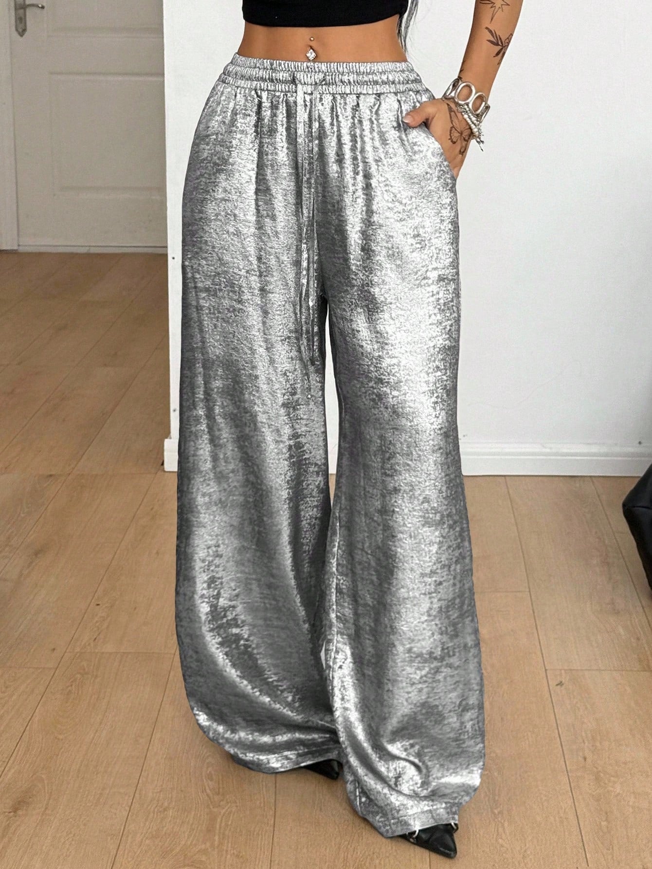 Coolane Women's Summer Rave Party Music Festival Vintage Chic Luxury Elastic Waistband Glossy Fabric Grey Baggy Curved Hem Pants