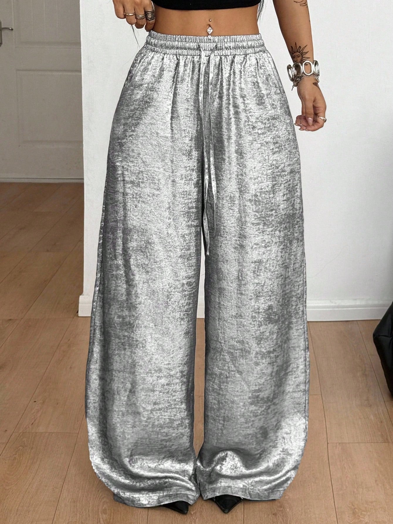Coolane Women's Summer Rave Party Music Festival Vintage Chic Luxury Elastic Waistband Glossy Fabric Grey Baggy Curved Hem Pants