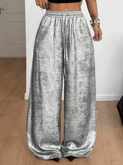 Coolane Women's Summer Rave Party Music Festival Vintage Chic Luxury Elastic Waistband Glossy Fabric Grey Baggy Curved Hem Pants