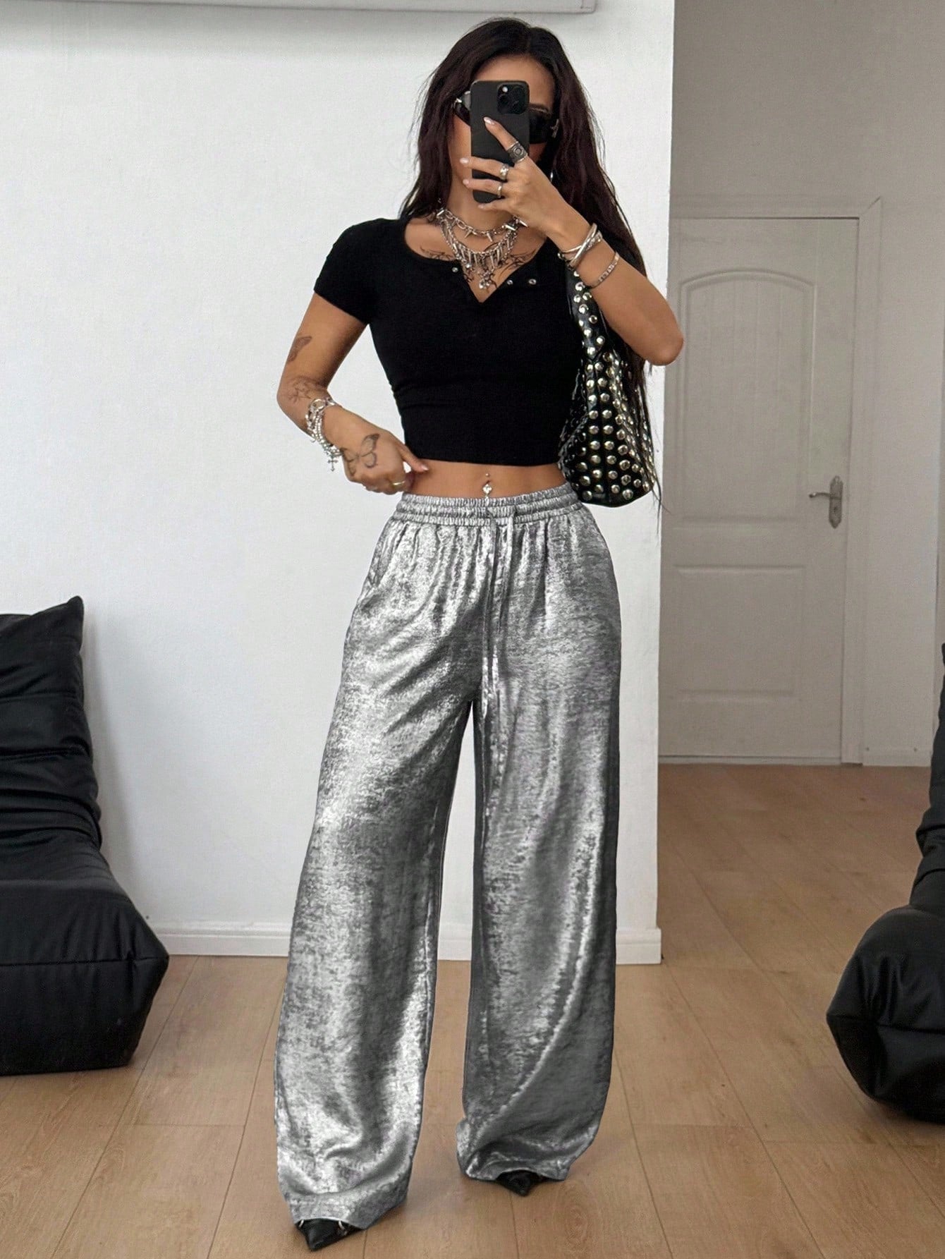 Coolane Women's Summer Rave Party Music Festival Vintage Chic Luxury Elastic Waistband Glossy Fabric Grey Baggy Curved Hem Pants