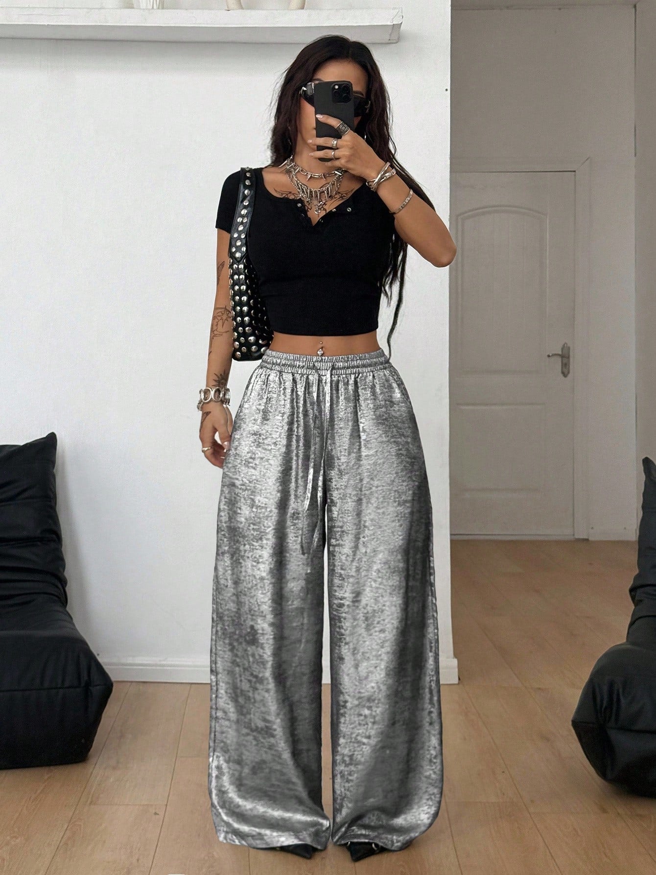 Coolane Women's Summer Rave Party Music Festival Vintage Chic Luxury Elastic Waistband Glossy Fabric Grey Baggy Curved Hem Pants