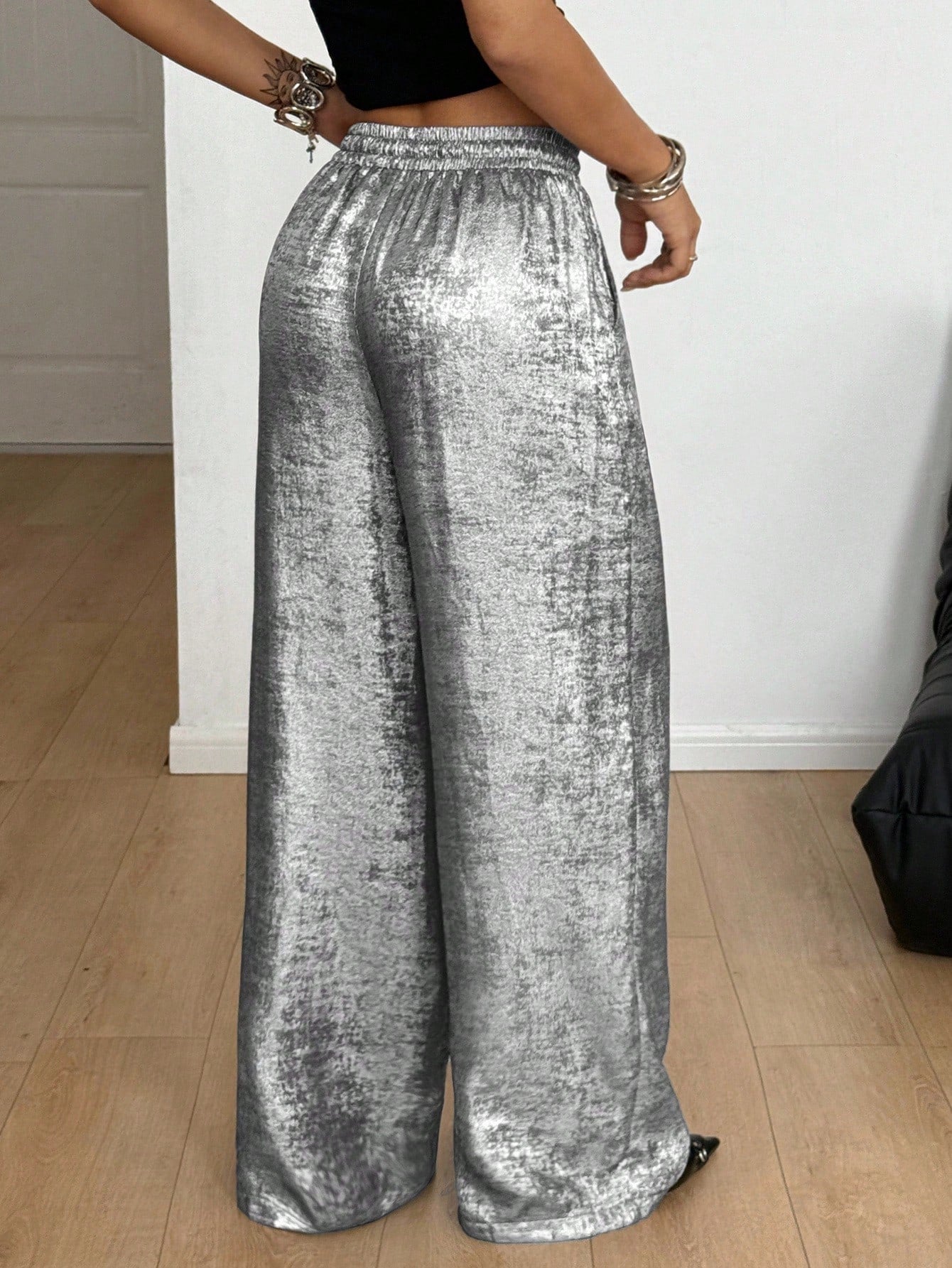 Coolane Women's Summer Rave Party Music Festival Vintage Chic Luxury Elastic Waistband Glossy Fabric Grey Baggy Curved Hem Pants