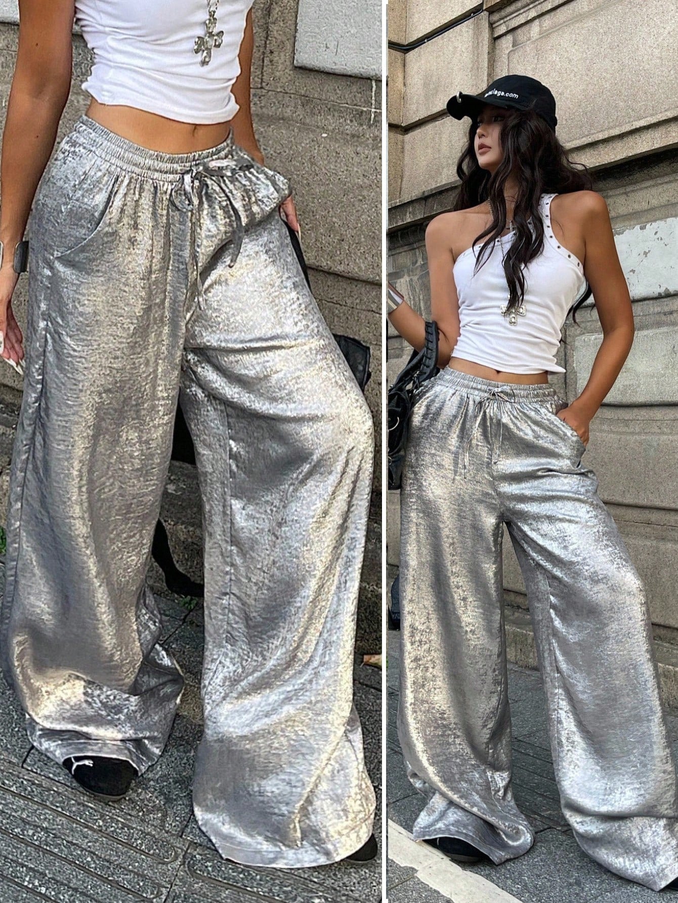 Coolane Women's Summer Rave Party Music Festival Vintage Chic Luxury Elastic Waistband Glossy Fabric Grey Baggy Curved Hem Pants