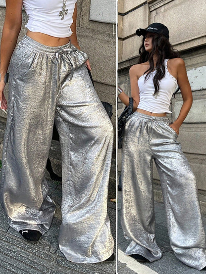 Coolane Women's Summer Rave Party Music Festival Vintage Chic Luxury Elastic Waistband Glossy Fabric Grey Baggy Curved Hem Pants