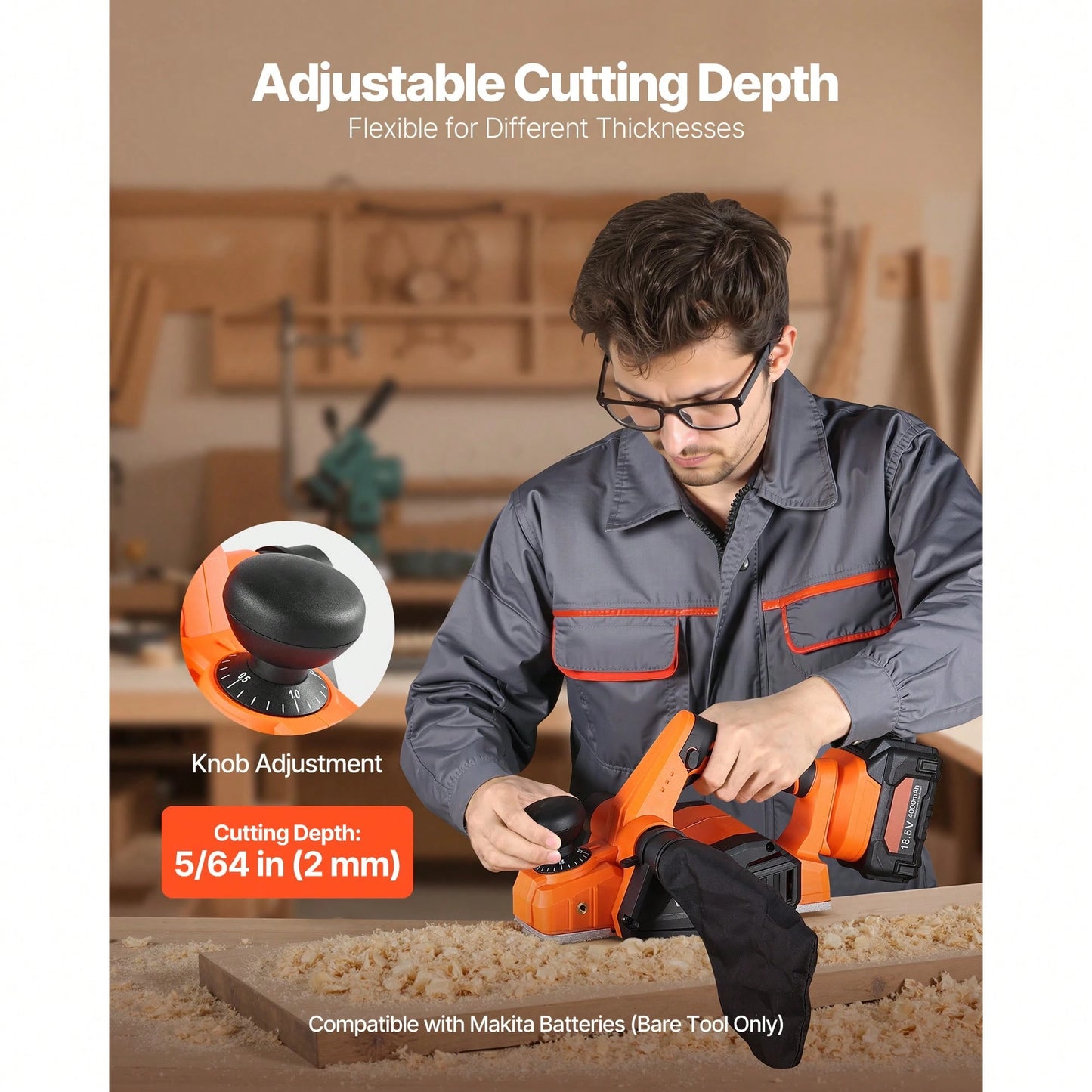Cordless Handheld Planer, 3-1/4-Inch Cut Width, 15000 RPM Electric Hand Wood Planer With Brushless Motor, Adjustable Cut Depth For Woodworking, Compatible With 18V Battery (Bare Tool Only)