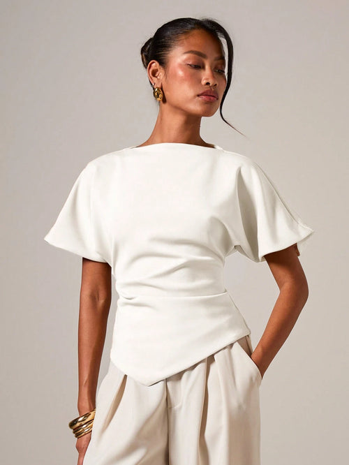 COSMINA Women's Elegant Ruched Round Neck T-Shirt, Suitable For All Seasons