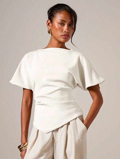 COSMINA Women's Elegant Ruched Round Neck T-Shirt, Suitable For All Seasons