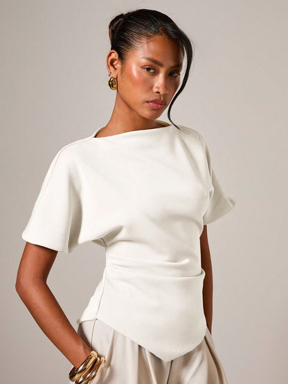 COSMINA Women's Elegant Ruched Round Neck T-Shirt, Suitable For All Seasons