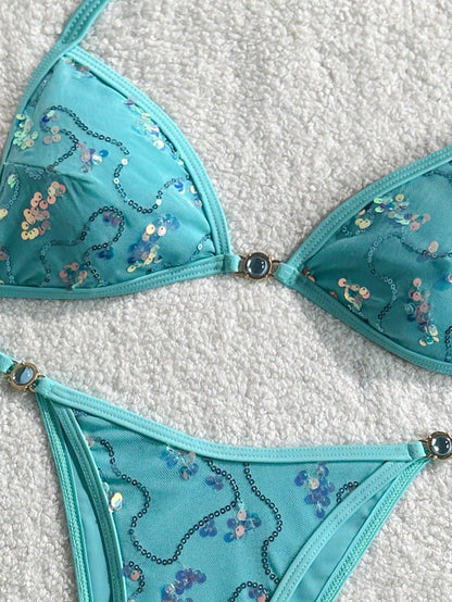 Costavie 2-Piece Set Women Sequin Special Texture Fabric Blue Pearl Decor Halter Neck Side Tie Bikini Swimwear,Light Teal,Summer,Casual,Beach,Holiday,Vacation