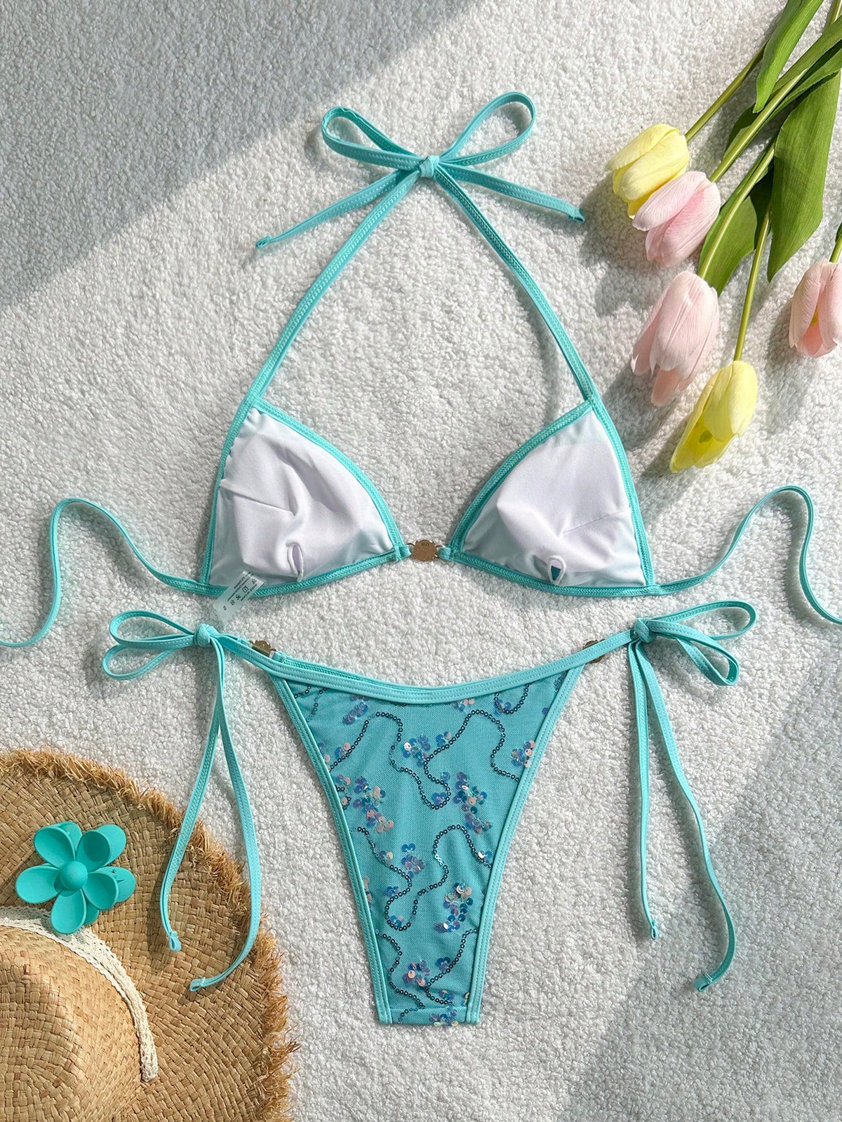Costavie 2-Piece Set Women Sequin Special Texture Fabric Blue Pearl Decor Halter Neck Side Tie Bikini Swimwear,Light Teal,Summer,Casual,Beach,Holiday,Vacation