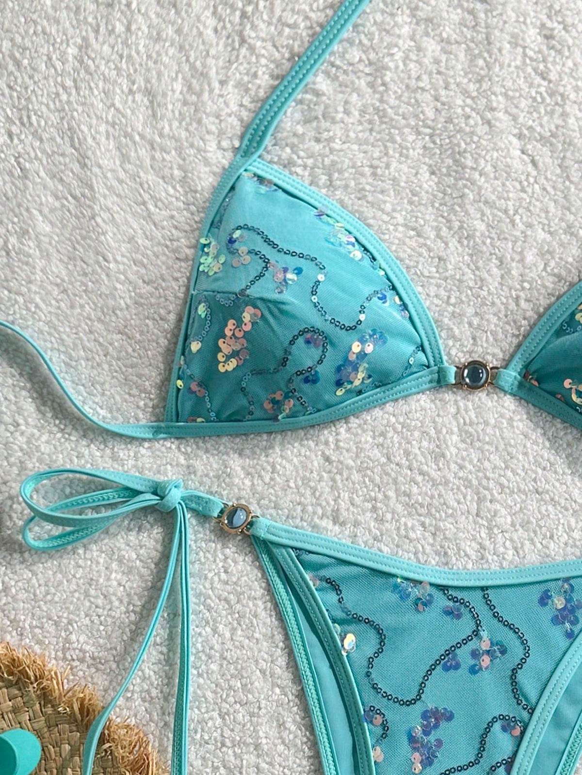 Costavie 2-Piece Set Women Sequin Special Texture Fabric Blue Pearl Decor Halter Neck Side Tie Bikini Swimwear,Light Teal,Summer,Casual,Beach,Holiday,Vacation