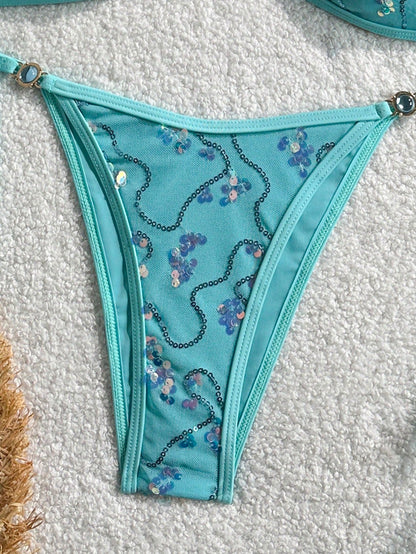 Costavie 2-Piece Set Women Sequin Special Texture Fabric Blue Pearl Decor Halter Neck Side Tie Bikini Swimwear,Light Teal,Summer,Casual,Beach,Holiday,Vacation