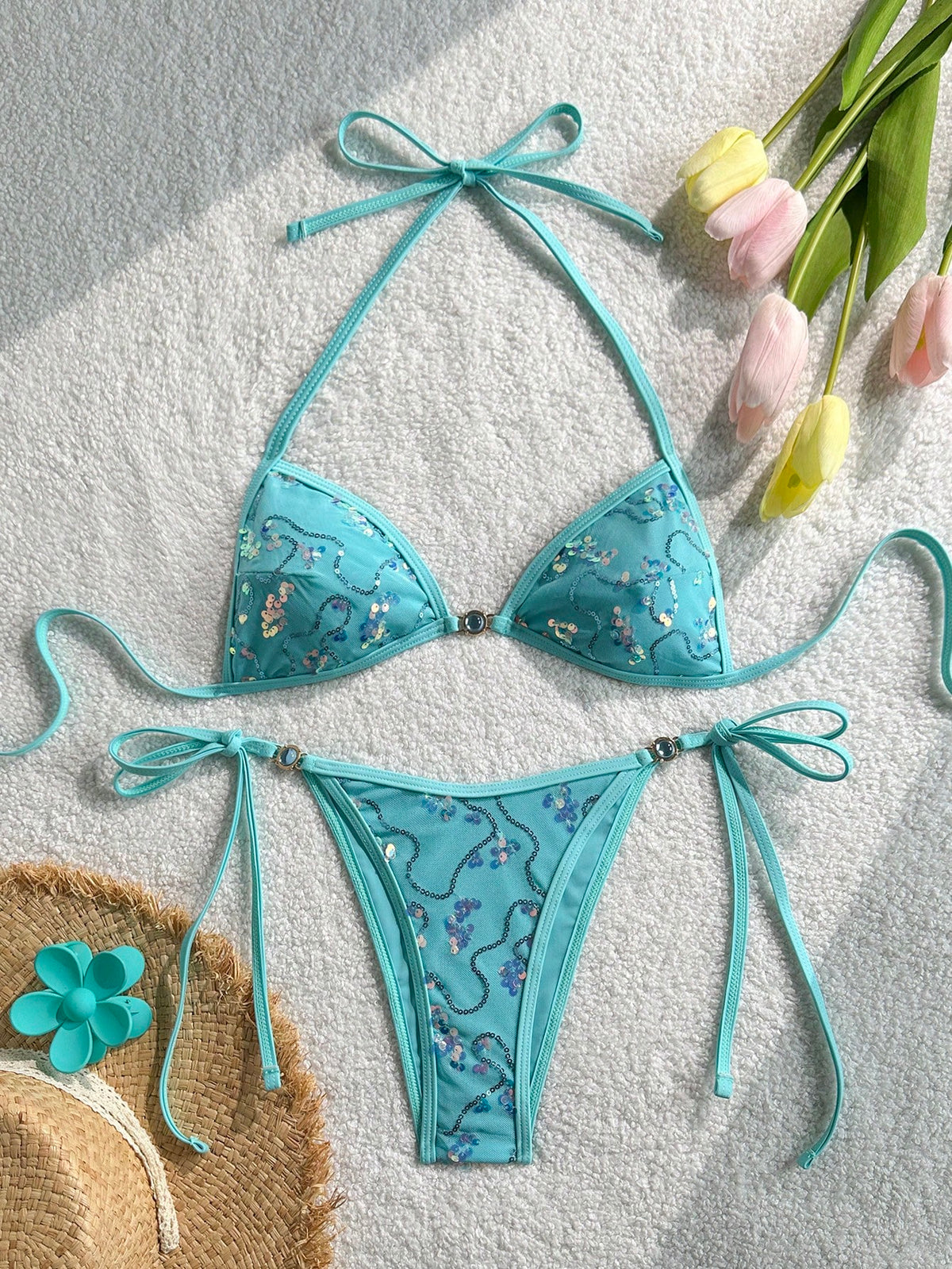Costavie 2-Piece Set Women Sequin Special Texture Fabric Blue Pearl Decor Halter Neck Side Tie Bikini Swimwear,Light Teal,Summer,Casual,Beach,Holiday,Vacation