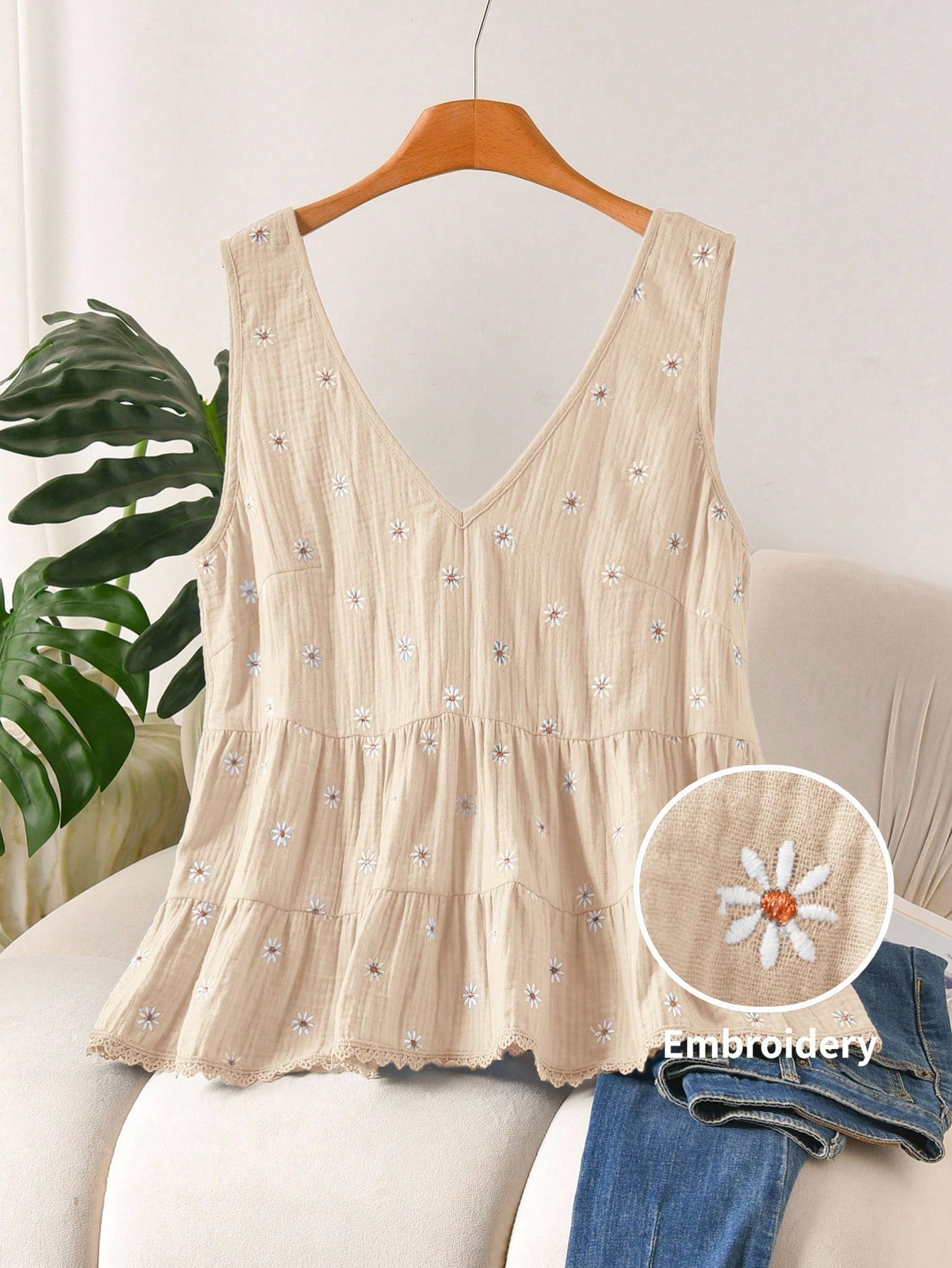 CosyJoli Plus Size Women's Blouse, Casual Boho Women's Clothing Lace Trim Shirt, Outwear Vacation Beige Summer