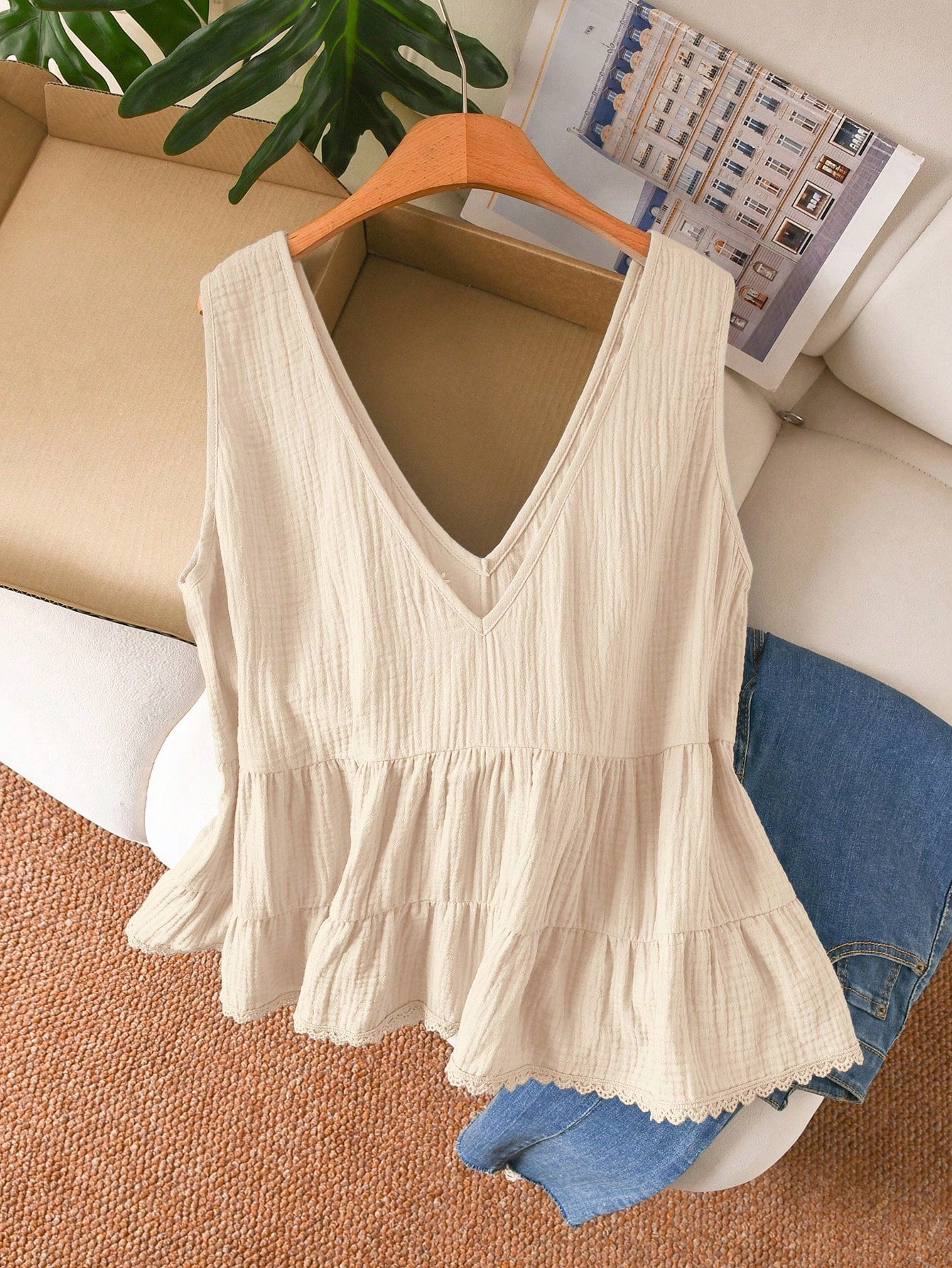 CosyJoli Plus Size Women's Blouse, Casual Boho Women's Clothing Lace Trim Shirt, Outwear Vacation Beige Summer