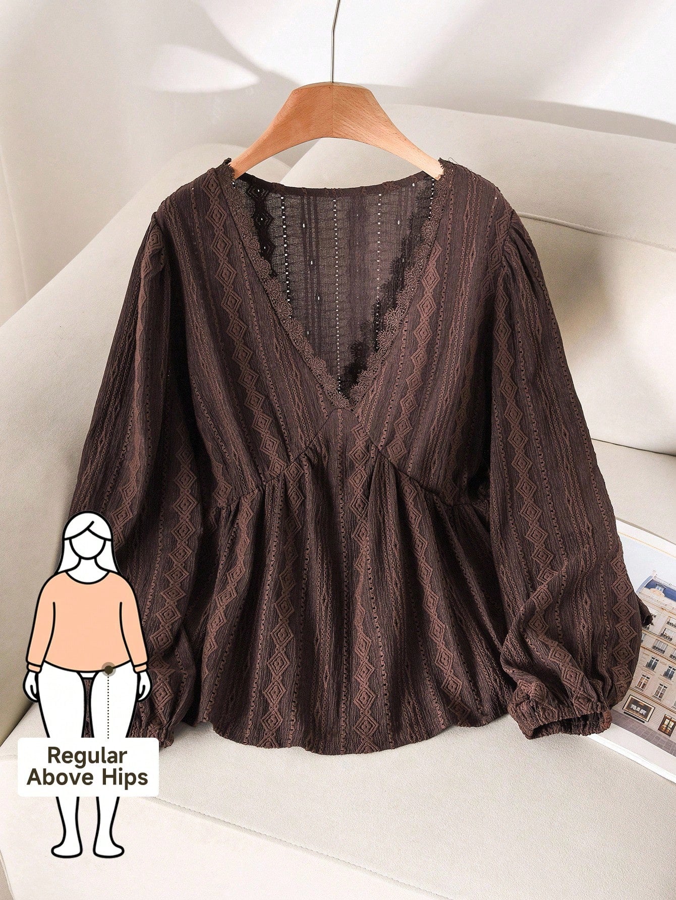 CosyJoli Women's Plus Size V-Neck Long Sleeve Cinched Waist Textured Brown Long Sleeve T-Shirt, Casual & Versatile Everyday Wear Fall