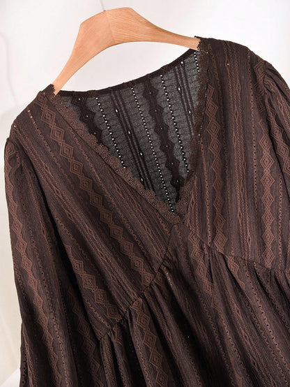 CosyJoli Women's Plus Size V-Neck Long Sleeve Cinched Waist Textured Brown Long Sleeve T-Shirt, Casual & Versatile Everyday Wear Fall