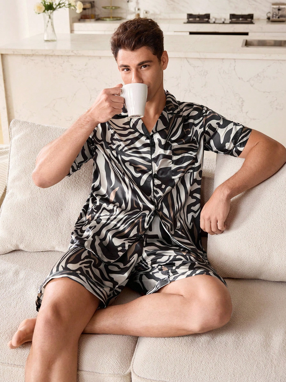 CoupledUp Men's Multicolor Satin Textured Pattern Short Sleeve Lapel Pajama Set With Pocket Bermuda Shorts