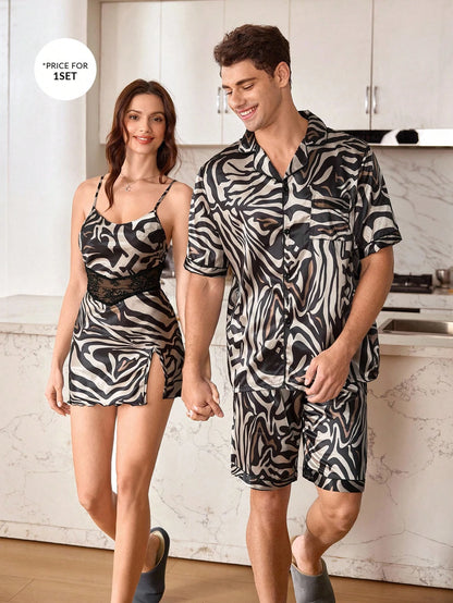 CoupledUp Men's Multicolor Satin Textured Pattern Short Sleeve Lapel Pajama Set With Pocket Bermuda Shorts