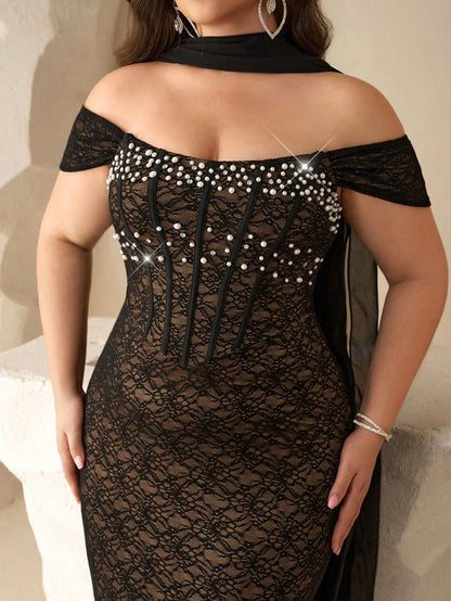 Coutiva Plus Size Beaded Lace Off-Shoulder Mermaid Formal Evening Gown (Heavy Embellishment)