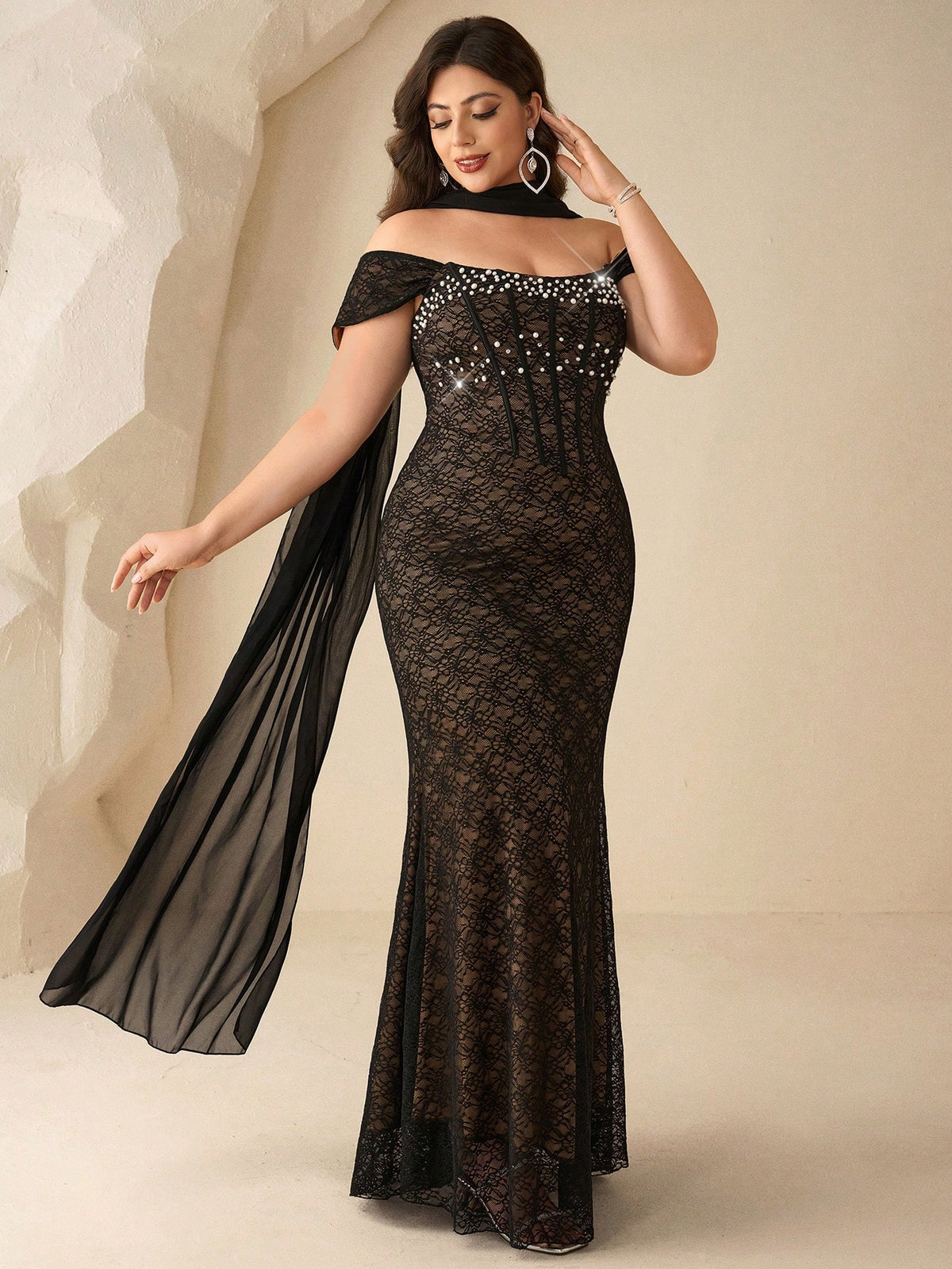 Coutiva Plus Size Beaded Lace Off-Shoulder Mermaid Formal Evening Gown (Heavy Embellishment)