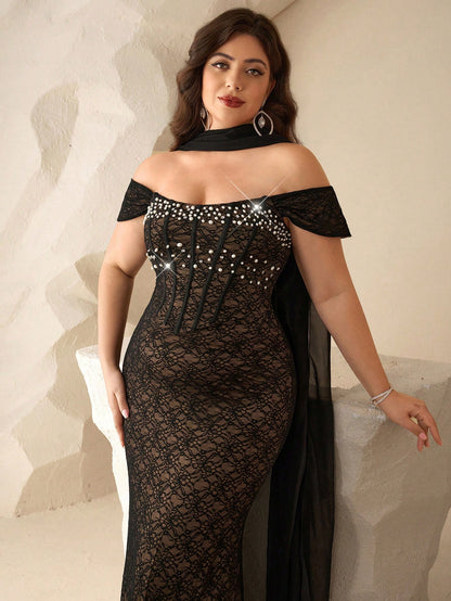 Coutiva Plus Size Beaded Lace Off-Shoulder Mermaid Formal Evening Gown (Heavy Embellishment)