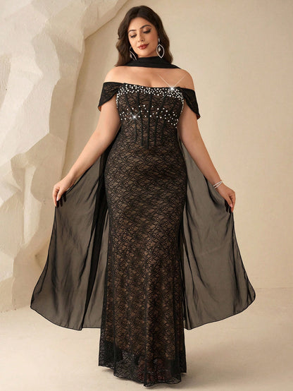 Coutiva Plus Size Beaded Lace Off-Shoulder Mermaid Formal Evening Gown (Heavy Embellishment)