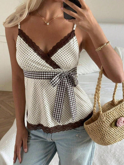 CovetEZ White And Black Polka Dot Women's Contrast Lace Waist Tie Strap Tank Top Vacation Summer Romantic 1960s Vintage French Elegant Paris Birthday