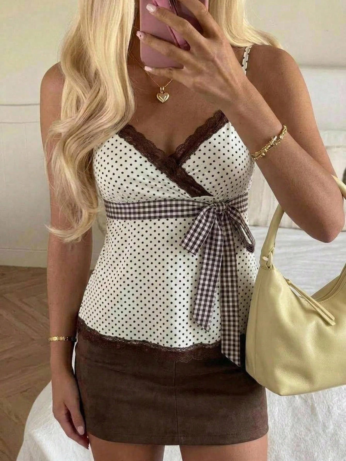 CovetEZ White And Black Polka Dot Women's Contrast Lace Waist Tie Strap Tank Top Vacation Summer Romantic 1960s Vintage French Elegant Paris Birthday