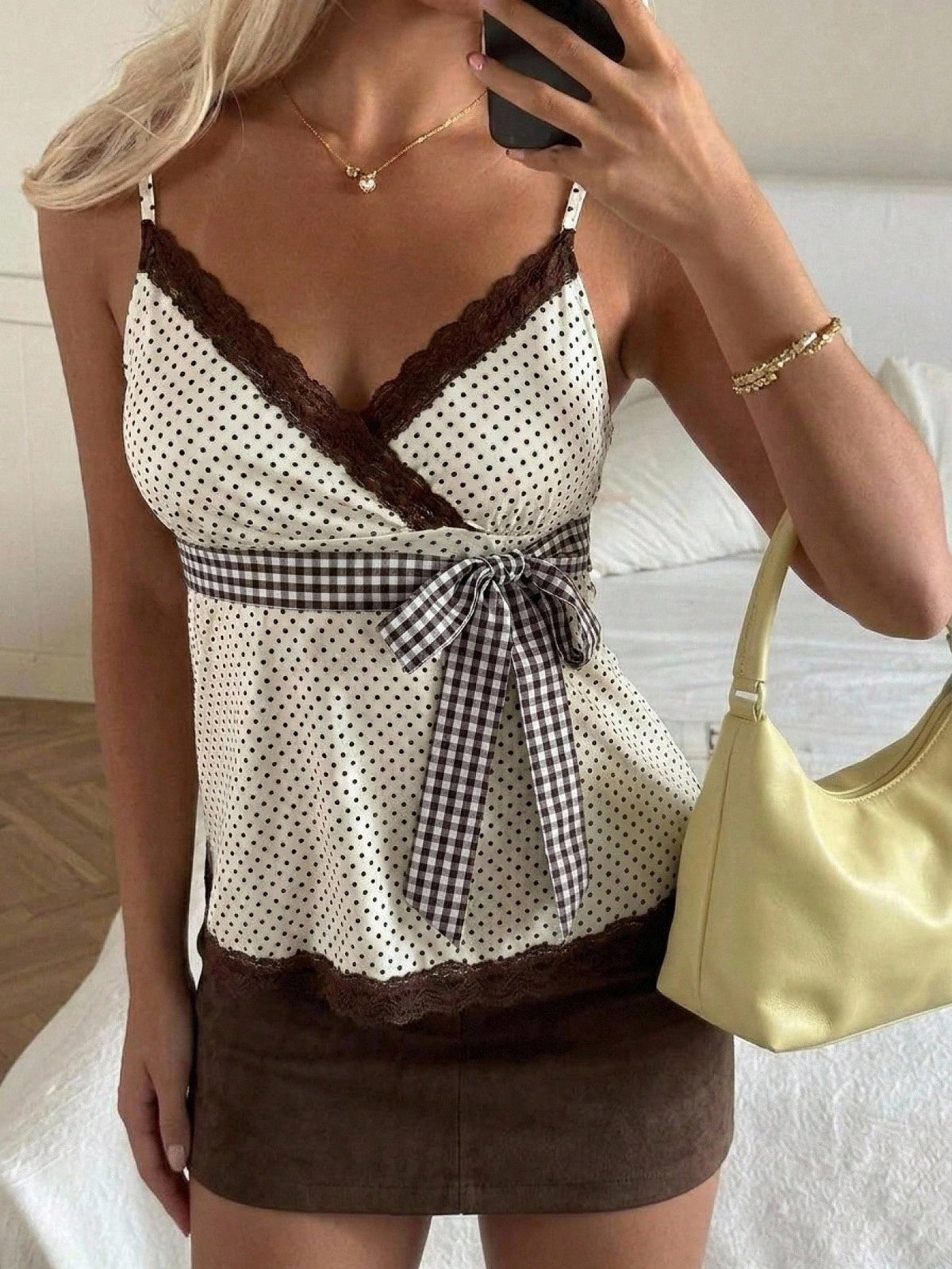 CovetEZ White And Black Polka Dot Women's Contrast Lace Waist Tie Strap Tank Top Vacation Summer Romantic 1960s Vintage French Elegant Paris Birthday