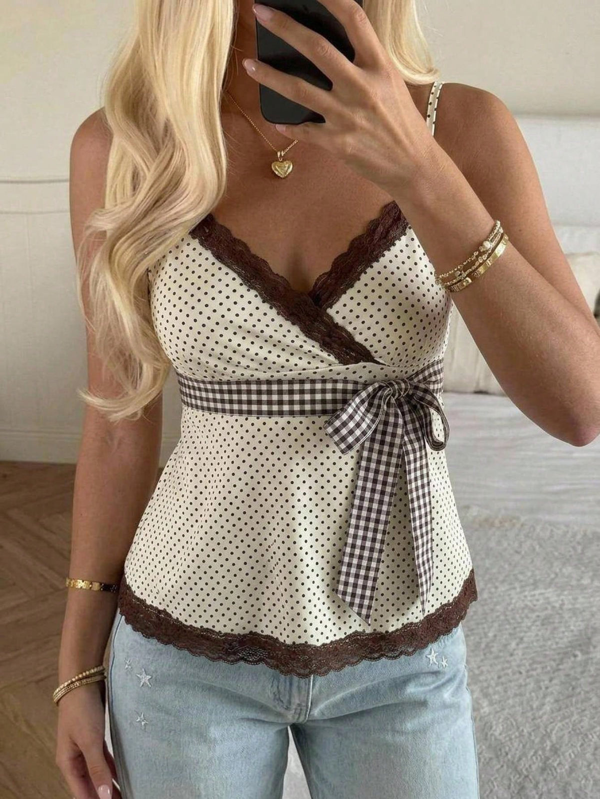 CovetEZ White And Black Polka Dot Women's Contrast Lace Waist Tie Strap Tank Top Vacation Summer Romantic 1960s Vintage French Elegant Paris Birthday