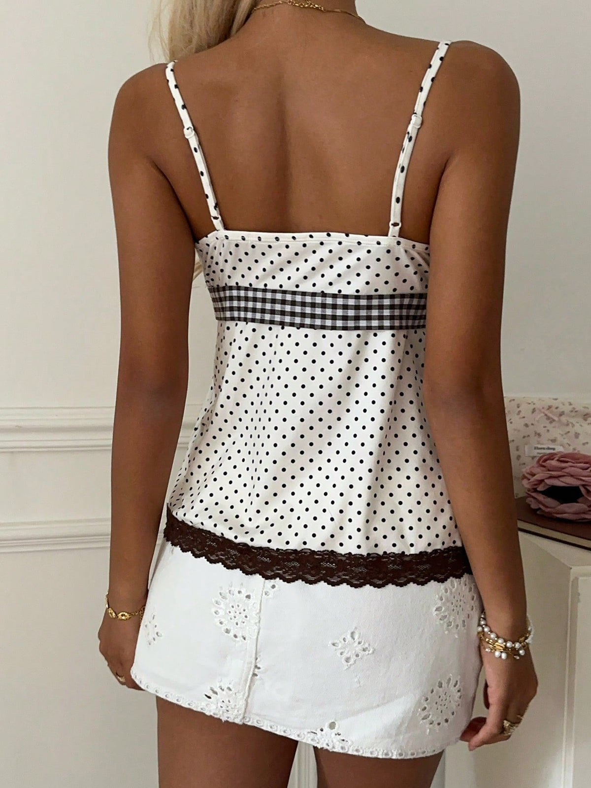 CovetEZ White And Black Polka Dot Women's Contrast Lace Waist Tie Strap Tank Top Vacation Summer Romantic 1960s Vintage French Elegant Paris Birthday