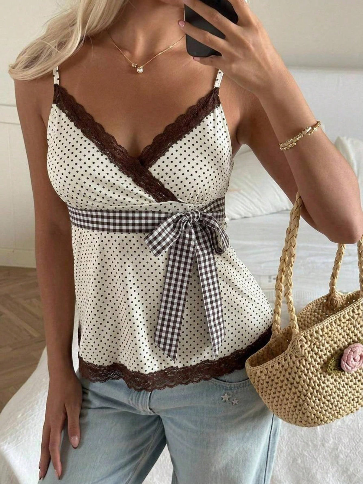 CovetEZ White And Black Polka Dot Women's Contrast Lace Waist Tie Strap Tank Top Vacation Summer Romantic 1960s Vintage French Elegant Paris Birthday