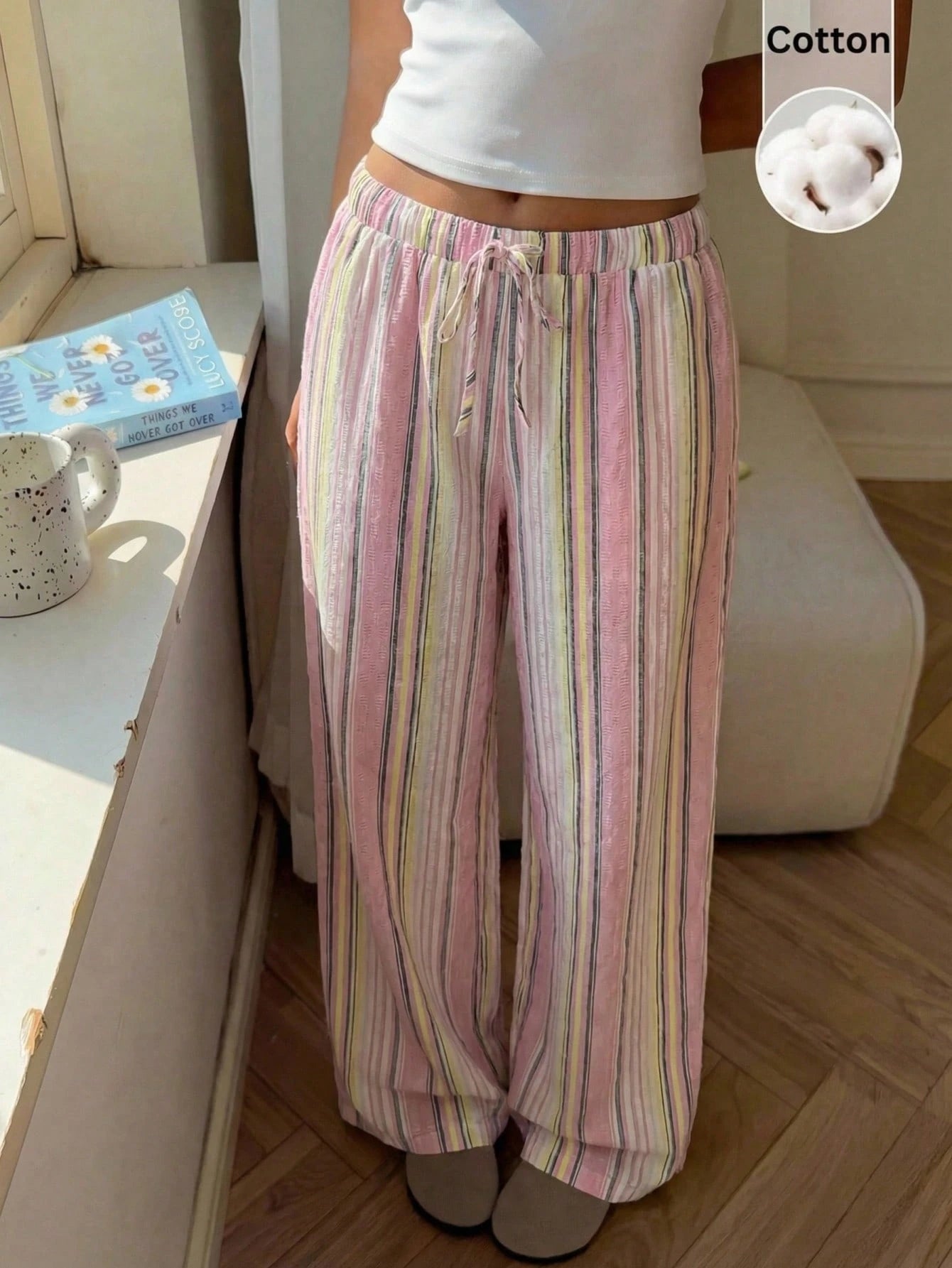 CovetEZ Women's Autumn Casual Home Sweet Vacation Beach Brunch Home Loose Pink Stripe Trousers Comfortable Wide-Leg Pants Cotton Lounge