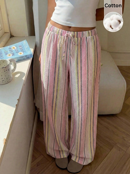 CovetEZ Women's Autumn Casual Home Sweet Vacation Beach Brunch Home Loose Pink Stripe Trousers Comfortable Wide-Leg Pants Cotton Lounge